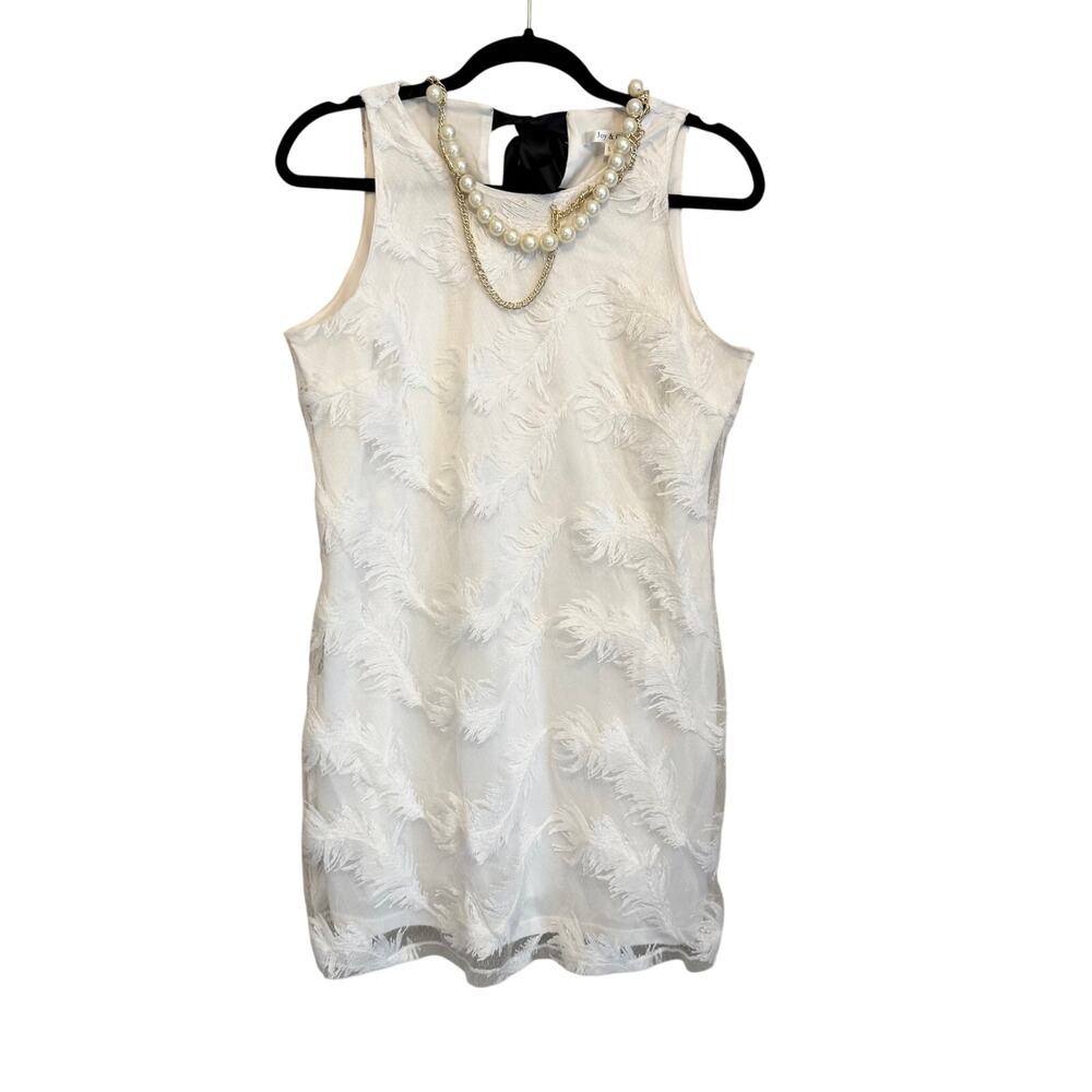 Joy & Co Shift Dress L White Feather Pearl Party Cocktail Guest Wedding Elegant